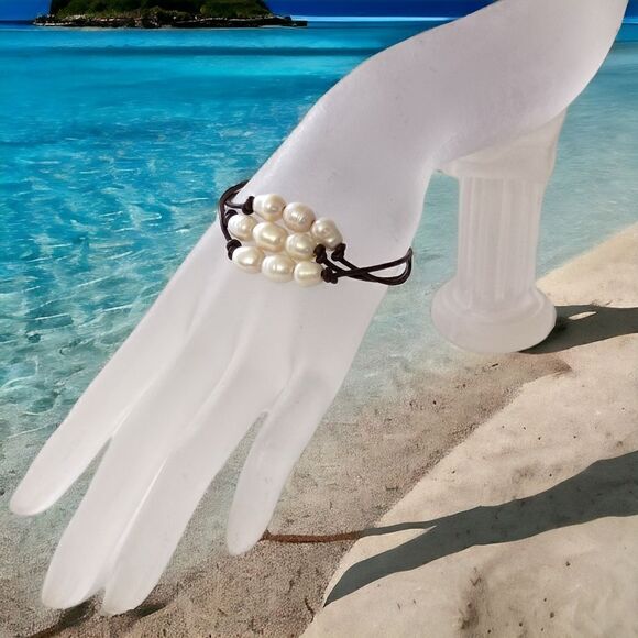 Fresh‎ Water Pearl Bracelet Corded Brown Multi Strand Coastal Beach Adjustable. - Picture 13 of 16
